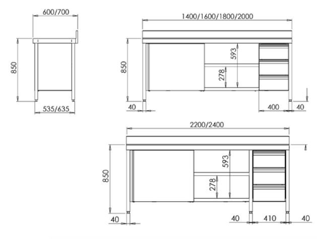 MESA MURAL GAMA 700 CON PUERTAS Y CAJONES LADO DERECHO